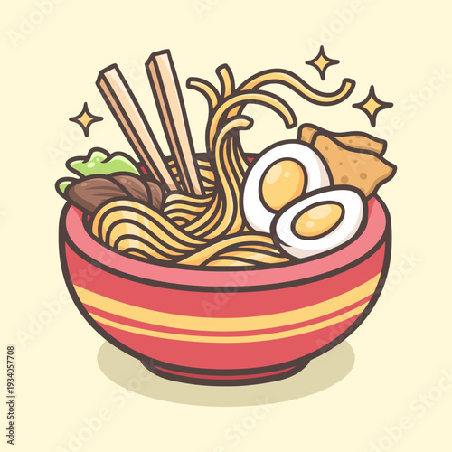 Ramen Bowl with Noodles and Eggs Illustration for icon sticker and other uses.