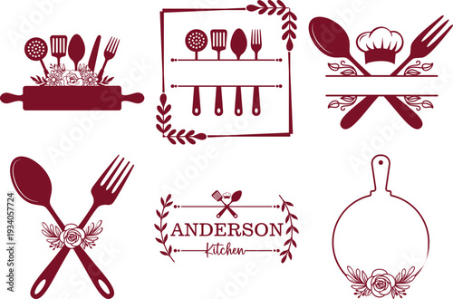 Burgundy kitchen utensils and floral cooking baking