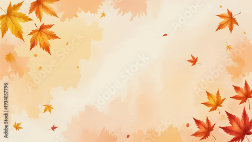 Autumn Maple Leaves Watercolor Background with Copy Space, Fall Season Foliage Border Template for Thanksgiving Card, Orange and Yellow Maple Leaf Abstract Watercolor Banner, Aesthetic Autumnal Nature