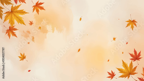Artistic watercolor autumn background with falling maple leaves, Elegant fall foliage border with soft golden watercolor wash, Minimalist autumnal nature frame for seasonal greeting cards, Vibrant wat