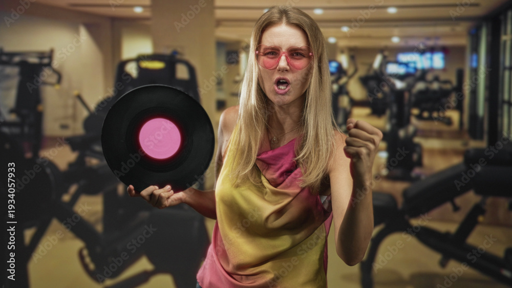 Fototapeta premium Blonde woman holding vinyl record, fist clenched and singing while wearing pink sunglasses in a gym building; retro workout fun.