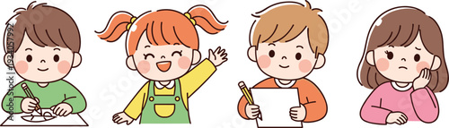 Set of cute cartoon children characters studying and writing in classroom