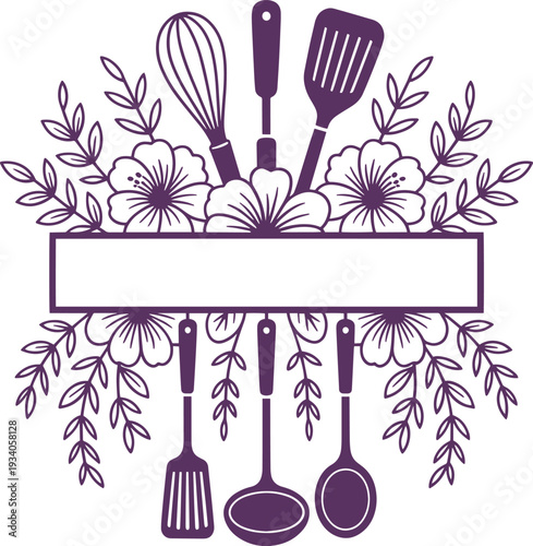 Purple floral frame with kitchen utensils and blank banner