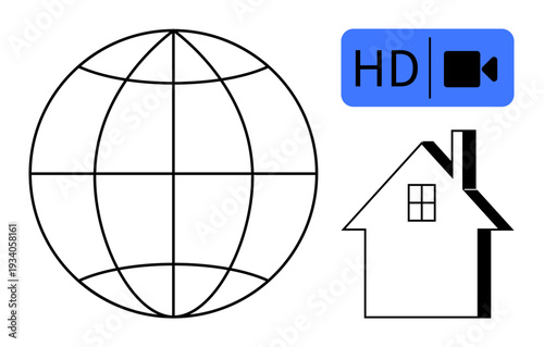 Remote work, online communication, video streaming, telecommuting, global networking, digital services. Globe, HD video icon house symbol. Remote work and online communication concept