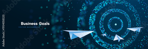 Business Goals Background With Paper Airplanes Flying Toward Target Spiral Made Of Glowing Particles On Blue Gradient. Corporate Strategies. Vector Illustration.