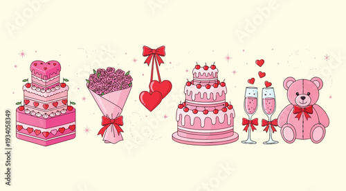 Valentines day themed illustrations of cakes, bouquet, heart, champagne and teddy bear on cream background