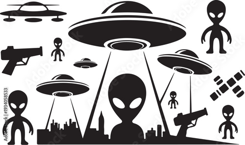 Black and white alien invasion scene with U F Os and city skyline