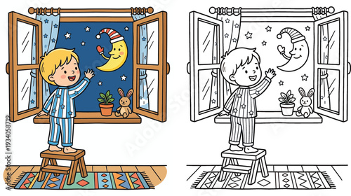 Cute Child Waving to Smiling Moon in Starry Night Sky From Window Sweet Bedtime Scene