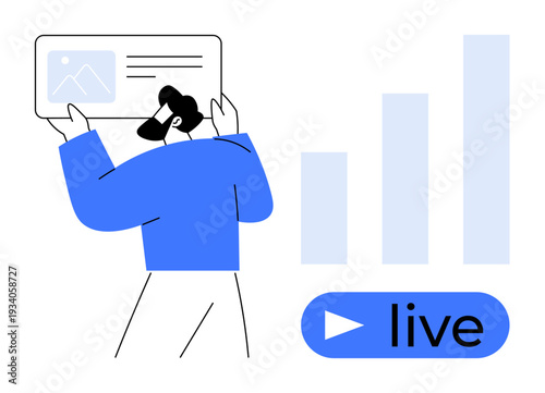 Live streaming concept. Live presenter interacting with digital content alongside growing bar graphs. Live applications in online broadcasting, digital marketing, analytics, education