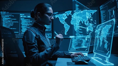 Working with a hightech dashboard scene in a dark blue control room