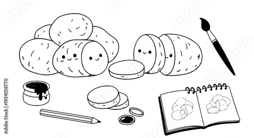 Potatoes doodle drawn set with smiley faces and artistic tools featuring pencil, paintbrush, notebook with ink and jar