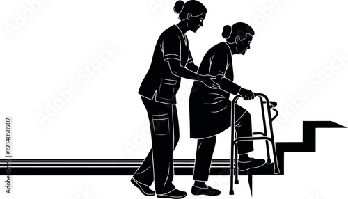 CNA or Nurse Assisting Elderly Woman with Walker on Stairs - Geriatric Care Silhouette