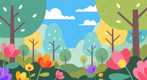Vibrant flowers blooming in a serene landscape with trees under a blue sky with white clouds