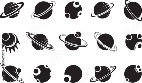Black and white of planets and moons in solar system