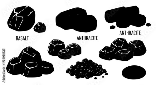 Coal collection with various types and anthracite samples shown featuring basalt, rocks, minerals with fossil fuels and
