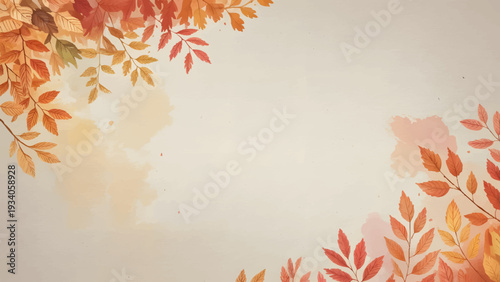 Watercolor Autumn Leaf Frame with Elegant Botanical Border, Fall Foliage Background with Hand Painted Branches and Copy Space, Autumnal Seasonal Template with Orange and Red Watercolor Leaves, Minimal