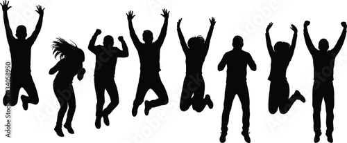 Happy people jumping silhouette collection, celebration success victory energy teamwork excitement isolated on white background vector illustration set