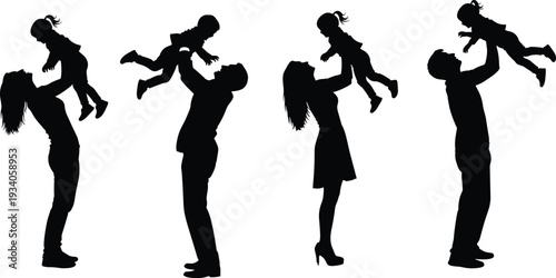 Happy parents lifting child in air silhouettes, family love bonding moment isolated on white background, black vector illustration set