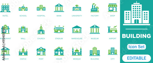 Building solid Icon Set. Containing house, office, bank, school, hotel, shop, university and hospital icons. Perfect for maps, architecture, and real estate designs.


