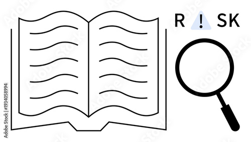 Risk analysis. Open book with lines, magnifying glass, and a triangle warning symbol highlighting risk. Risk analysis in education, business, data evaluation, and decision-making tools
