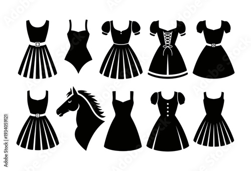 A collection of various elegant black dress silhouettes and a striking horse head icon for fashion and design.