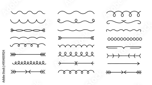 A diverse assortment of hand-drawn black line dividers and borders ideal for adding artistic flair to designs.