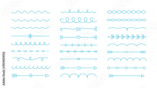 A vibrant collection of blue gradient hand-drawn decorative line dividers and border elements for graphic design.