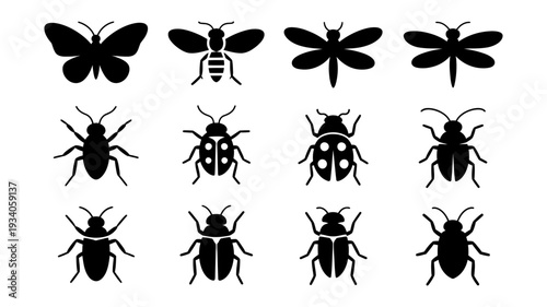 A comprehensive set of various black insect silhouettes including butterflies, bees, dragonflies, and different beetles.