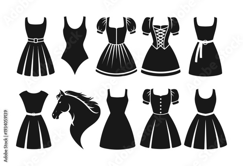 A collection of various elegant black dress silhouettes and a striking horse head icon for fashion and design.