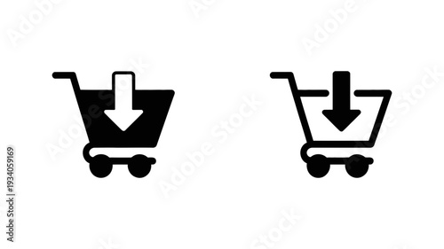 A shopping cart icon with a down arrow, signifying adding items to a cart or purchasing online.
