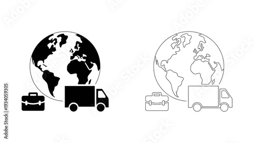 A global logistics icon depicting a world globe, delivery truck, and business briefcase for international shipping.