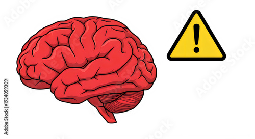 A warning symbol over a detailed illustration of a human brain isolated on transparent background