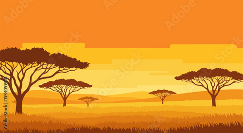 Serene savannah landscape with acacia trees at sunset viewed from a distance