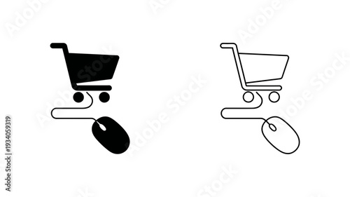 A shopping cart connected to a computer mouse via a line, symbolizing online commerce.