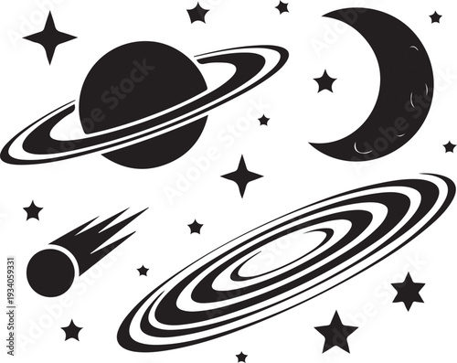 Black and white space with planets stars and moon