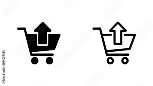 An iconic shopping cart with an upward arrow signifying an item being added or uploaded.