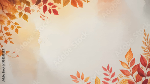 Autumn Watercolor Leaf Border with Elegant Botanical Foliage, Fall Seasonal Background with Hand Painted Leaves and Copy Space, Abstract Autumnal Nature Frame for Thanksgiving Greeting Cards, Watercol