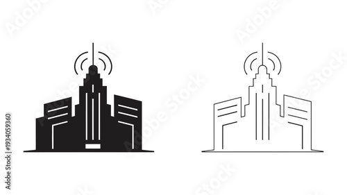 A modern building featuring an antenna and signal waves, representing connectivity and communication infrastructure.