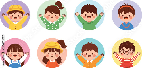 Set of cute happy children avatars in colorful circles flat vector