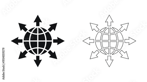 A global network icon with arrows pointing outwards, symbolizing worldwide distribution or expansion.