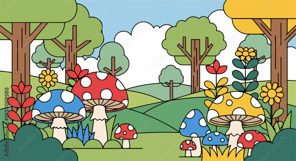 Obraz premium Vibrant Mushrooms Growing in a Serene Forest Landscape with Trees and Flowers