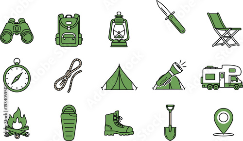 Camping and outdoor adventure icon set, travel equipment collection, flat vector illustration isolated on white background