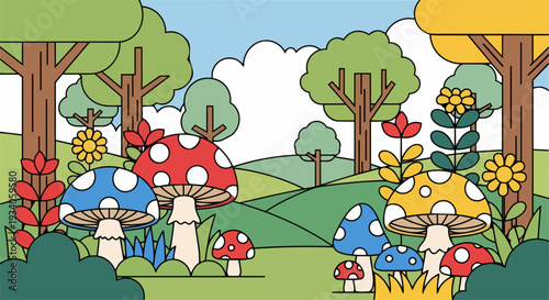 Vibrant Mushrooms Growing in a Serene Forest Landscape with Trees and Flowers