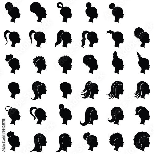 Minimalist female side profile silhouettes with varied hairstyles, vector icon set.