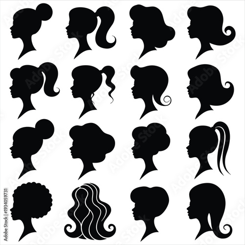 Elegant female side profile silhouettes showcasing diverse hairstyles, vector art.