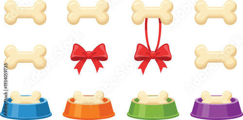 Dog Bones and Pet Bowls Cartoon Vector Illustration Set with Ribbon and Accessories