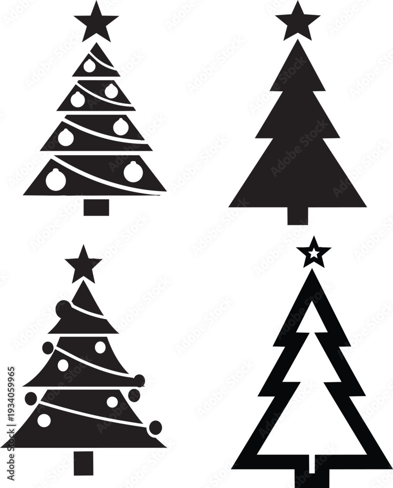 Obraz premium Christmas Tree Icon Set – 4 Styles Vector Illustration Collection