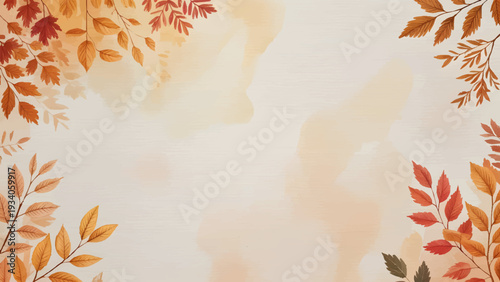 Autumn Watercolor Leaves Background With Copy Space, Fall Foliage Border On Warm Textured Paper, Elegant Autumnal Botanical Frame For Invitation, Minimalist Fall Season Nature Background Banner