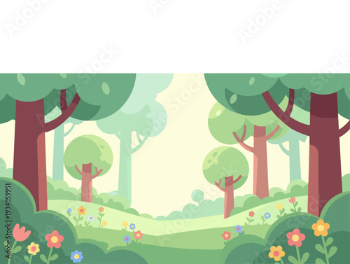 Serene forest landscape with trees, flowers, and lush greenery viewed from a distance in a peaceful illustration
