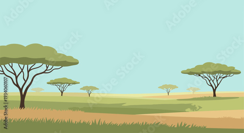A serene landscape illustration of trees and grassland viewed from a distance